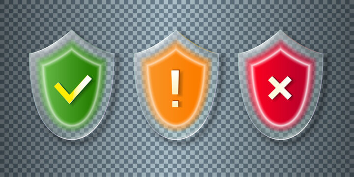 Set of 3 Glass colored protection shields on a transparent background