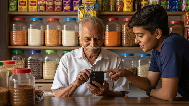 Elderly Indian shopkeeper learning digital payments on a smartphone with help from a young customer in a small rural grocery store, showing fintech inclusion, technology adoption and community driven 