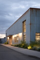 Obraz premium Modern industrial building features sleek lines and soft evening