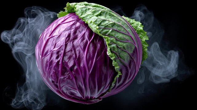Purple cabbage rotating in smoke, revealing its textured leaves and vibrant color, showcasing the gradual exposure of its inner layers against a dark background