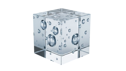Transparent cube with water bubbles