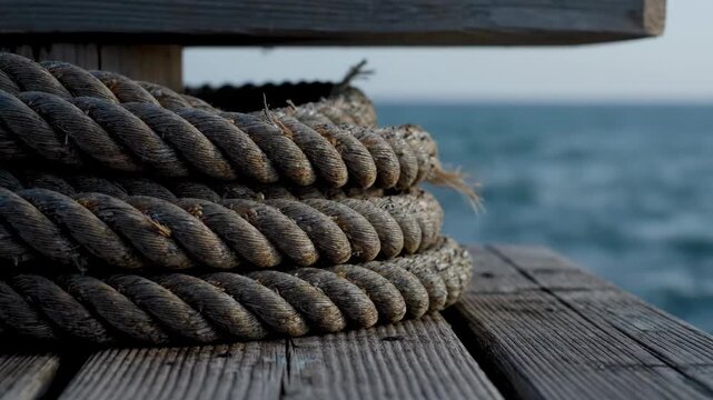 Thick nautical rope lies coiled on a weathered wooden dock The vast ocean water stretches beyond with a hazy horizon creating a sense of adventure