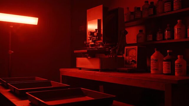 A darkroom glows with a single red light illuminating developing trays and photographic equipment Chemicals and bottles line shelves suggesting analog photography processes and artistic creation
