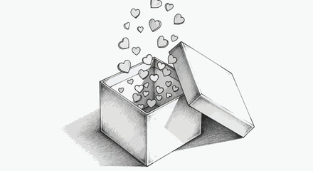 Hand drawn black and white sketch illustration depicts numerous small hearts seemingly overflowing or floating out of an open, square gift box conceptualizing love and affection.