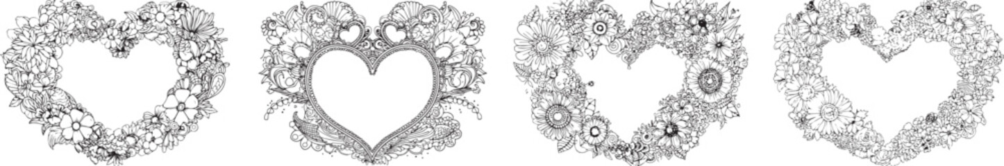 Heart-Shaped Patterns: A collection of intricately designed, heart-shaped patterns. Each unique design showcases various abstract shapes forming a symbol of love and affection. 