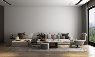 The modern mock up design of living room interior have beige modern sofa with white pattern wall background. 3d render.
