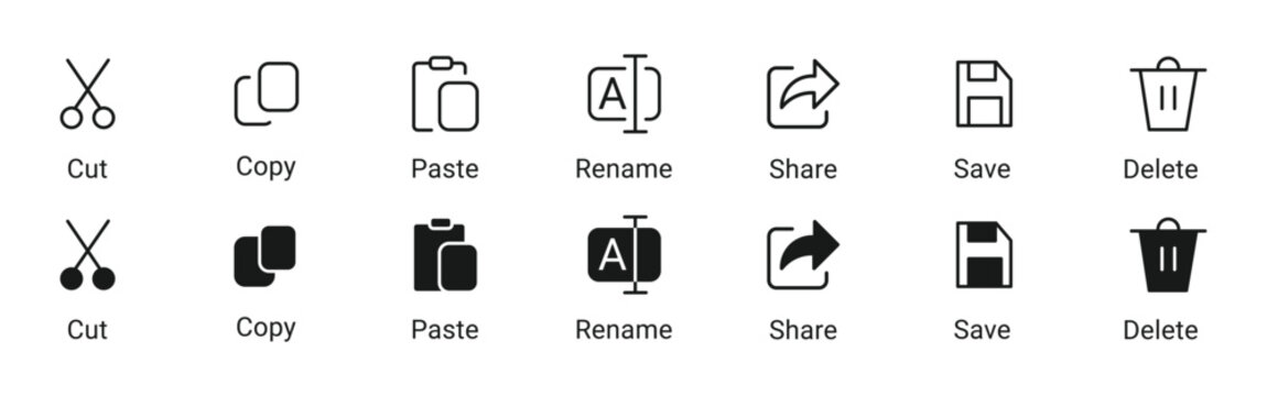 Edit Tools Icon Set. Cut Copy Paste Symbols. Clipboard Actions Collection, Vector Illustration.