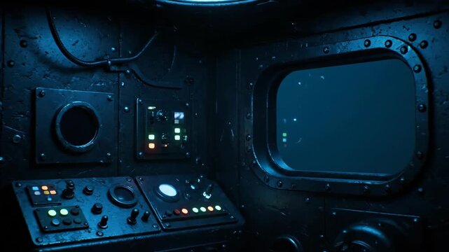 Inside a dimly lit submarine control room Screens glow with underwater scenes and complex data Mysterious blue light illuminates technological equipment