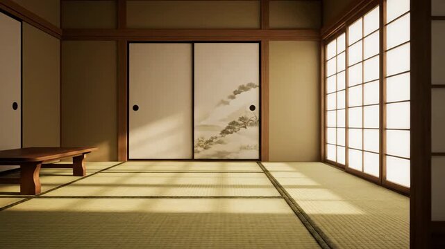Serene Japanese room bathed in warm sunlight filtering through shoji screens Traditional tatami mats and sliding doors evoke tranquility and peaceful contemplation