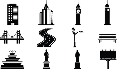 Obraz premium A comprehensive collection of black silhouette icons representing essential urban and city elements