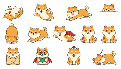 Fototapeta premium Cartoon Shiba Inu dogs in various playful poses and expressions 