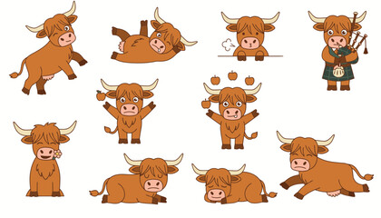 Obraz premium Cute cartoon highland cows in various playful poses and activities 