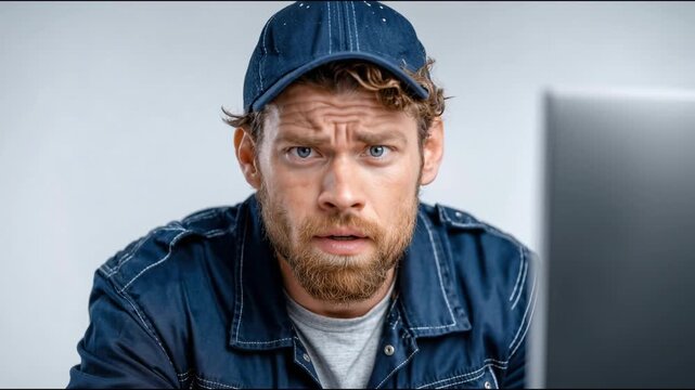 A young Caucasian man with curly hair and a beard looks frustrated while resting his chin on his hand. He wears a denim jacket and a cap, sitting in front of a computer.