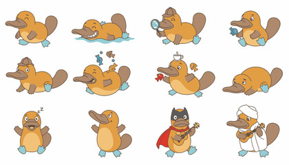 Fototapeta premium Cartoon platypus in various fun poses and activities 