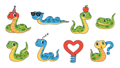 Obraz premium Cute cartoon snakes with various expressions and accessories 