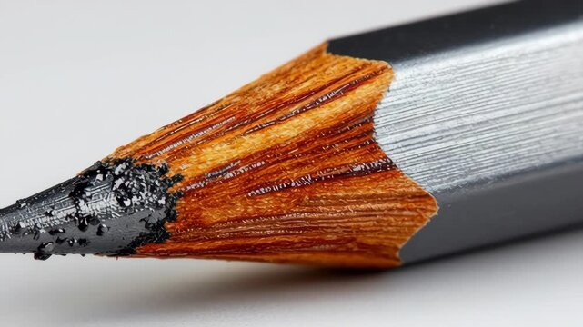 Close-up sequence of a sharpened pencil showing the wood, graphite tip, and shavings, highlighting the intricate details of the pencil's structure and texture in a minimalistic setting