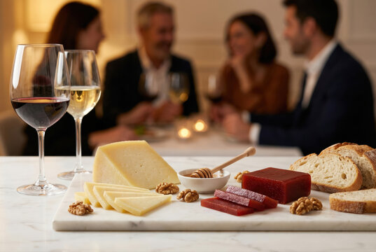 Tabla gourmet de queso artesano madurado con dulce de membrillo, nueces, miel y pan r&uacute;stico servida en una cena elegante con maridaje de vino