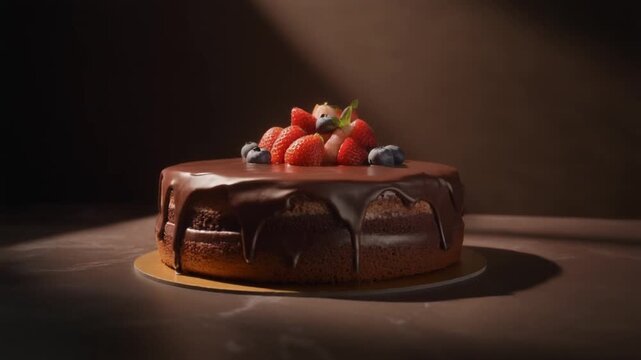 Chocolate cake under dramatic spotlight, dark background, glossy texture, slow rotation, rich dessert tones, premium bakery advertisement style, ultra realistic 8K UHD