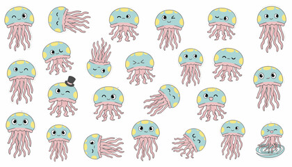 Fototapeta premium Colorful jellyfish with various expressions in playful cartoon style 