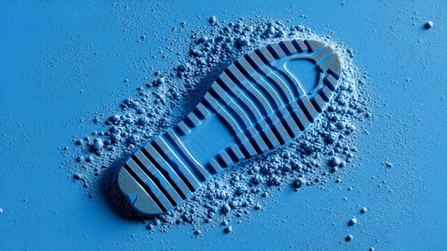 Blue sneaker footprint impression on blue surface with scattered powder, showcasing the detailed tread pattern and texture in a visually striking composition
