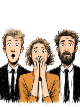 Astonished Trio: Expressing a spectrum of astonishment and disbelief, three individuals react to an unseen event in this captivating illustration, their faces etched with shock and wonder.