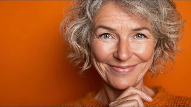 Senior Caucasian woman with short curly hair, smiling and holding a finger to her lips against an orange background. She conveys a sense of secrecy or quietness.