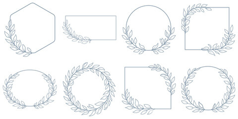 Fototapeta premium Elegant floral frame for labels, corporate identity, wedding invitation save the date Vintage floral wreaths with leaves , flower, herb, swirls, ornate. Trendy greenery elements in line art style.