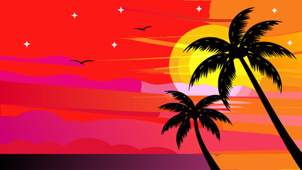 A vibrant vector graphic illustration of a tropical sunset with palm trees and a colorful sky