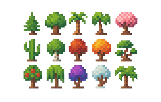 Pixel art trees collection: diverse stylized trees for retro gaming and creative projects