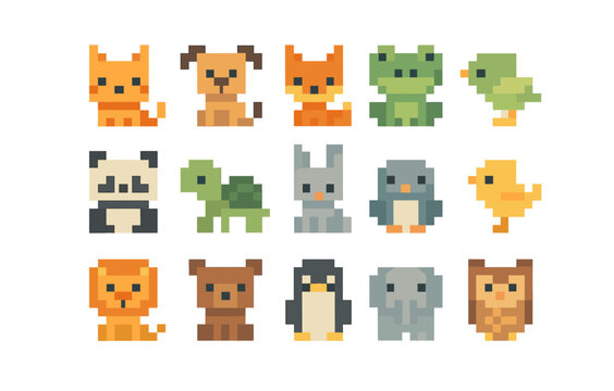 Adorable pixel art animals collection featuring cute wildlife icons