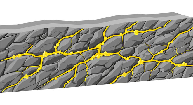 Illustration of mineral veins, possibly gold, embedded within fractured rock formations underground.