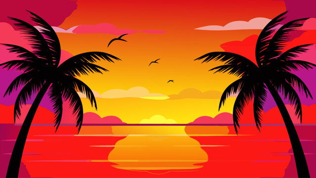 A vibrant vector graphic illustration of a tropical sunset with palm trees and birds in flight