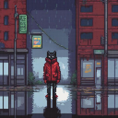 Fototapeta premium A pixel art image of a person standing in a city with a cat-like face, a red jacket, and a sign that says 'The End'.
