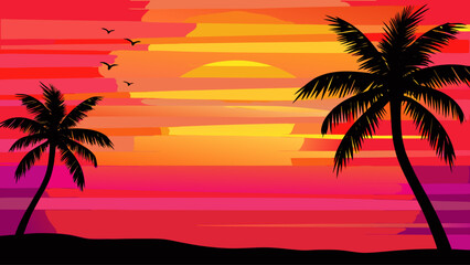 A vibrant vector graphic illustration of a tropical sunset with palm trees and birds in flight