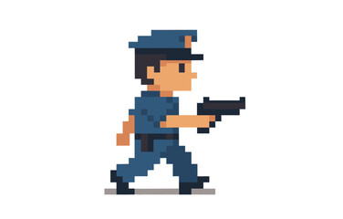 Fototapeta premium Pixel art police officer character walking with gun in retro style