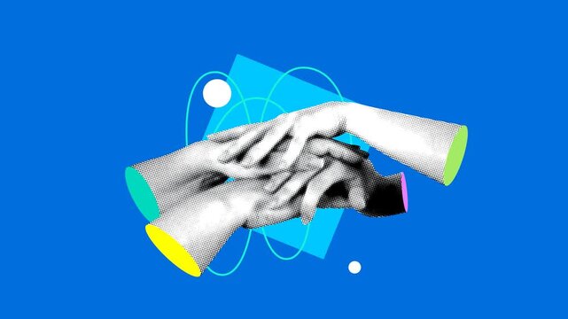 Teamwork concept. Сolleagues folding their hands together. Pile of arms folded on top of each other. Team building. Creative collaboration. Creative community, partnership, meeting. Collage animation