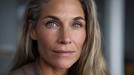 Obraz premium Portrait of a Mature Woman with Blue Eyes and Grey Hair