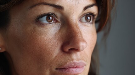 Fototapeta premium Portrait of a woman with freckles and natural skin texture