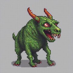 Fototapeta premium A pixel art image of a green, horned creature with red eyes and teeth, standing in a grey background.