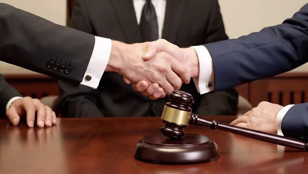 Two men in suits shaking hands above judicial gavel on mahogany conference table