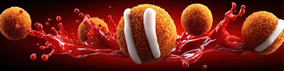 Delicious Golden Fried Appetizer Bites Splashing in Red Sauce