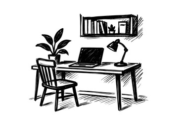 Fototapeta premium Cozy workspace with desk and laptop in black and white sketch style
