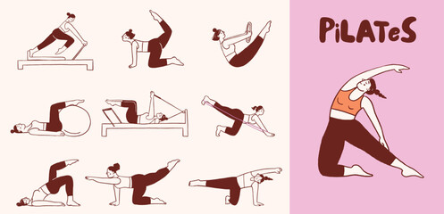 Pilates poses illustrations collection. Minimalist drawings of women exercising and stretching.