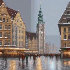 Fototapeta premium The image depicts a city scene with a large church, people walking, and a pixel art style.