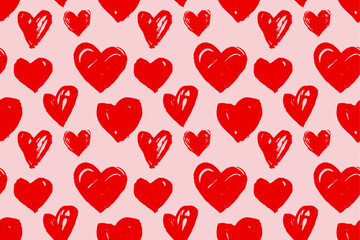 Red and pink hand drawn hearts seamless pattern. Heart doodles set and background for Valentines day