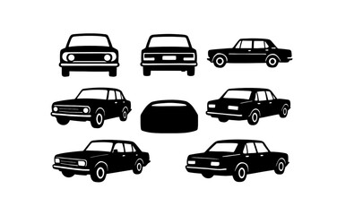 Classic car silhouettes from various angles in black and white