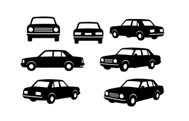 Fototapeta premium Vintage car silhouettes of classic sedans in various angles on a white background