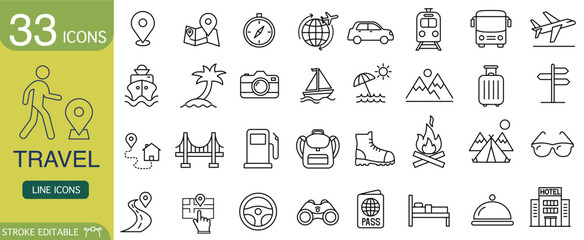 Travel icon set with thin line vector symbols for vacation or journey. This collection for tourism and transport planning represents adventure and exploration