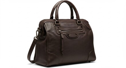 Naklejka premium 洗練されたモダンな美学を呈する高級濃茶色革製トートバッグ上品なトップハンドルと取り外し可能なショルダーストラップが特徴純白背景にプロのスタジオ照明が上質な素材と精巧な職人技を美しく際立たせ洗練されたスタイルを伝える