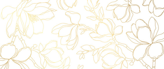 Fototapeta premium Luxury floral background with a golden Magnolia blossom pattern in a line art style. Hand drawn botanical elements. Vector illustration for card, banner, print, cover, wedding invitation, packaging